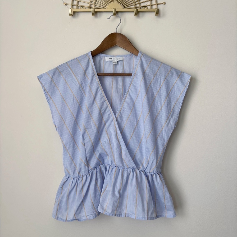 The Good Jane Blue Striped Peplum Top Medium Anthropologie